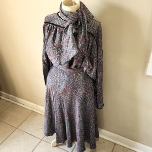 Vintage Silk Dress Skirt Blouse & Scarf Set Womens Designer Colorul Outfit L/XL